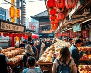 Proef de verse sushi op de markten van Tokio, Japan