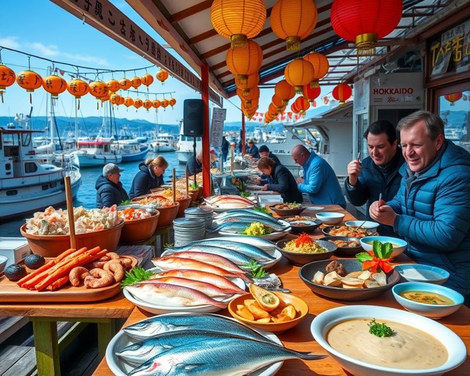 Proef de verse visgerechten in de haven van Hokkaido, Japan