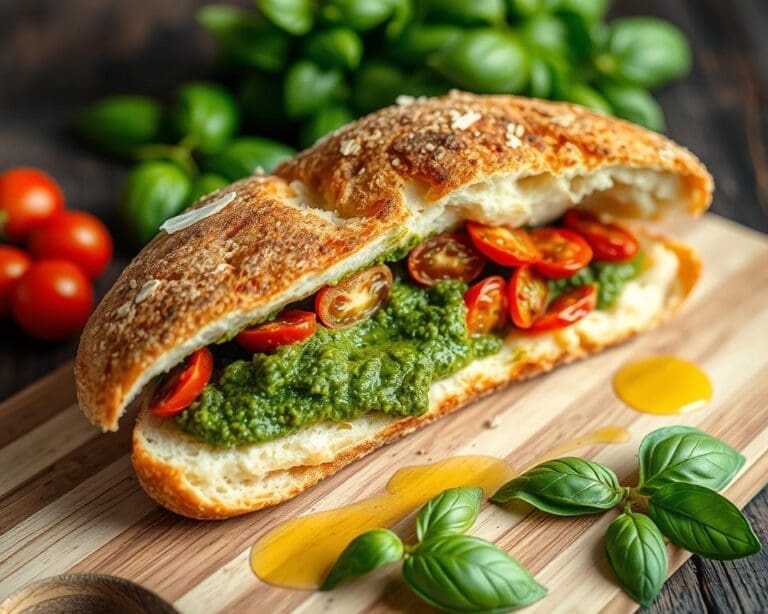 Ciabatta met zongedroogde tomaten en pesto