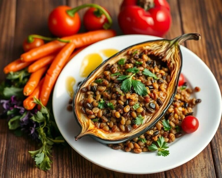 Gevulde aubergine met linzen en kruiden