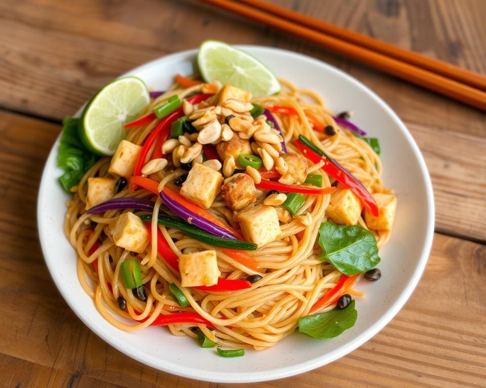 Gezonde noedelmaaltijd met tofu en pinda's