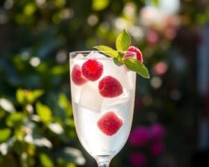 Gin Tonic met frambozen en een muntblaadje