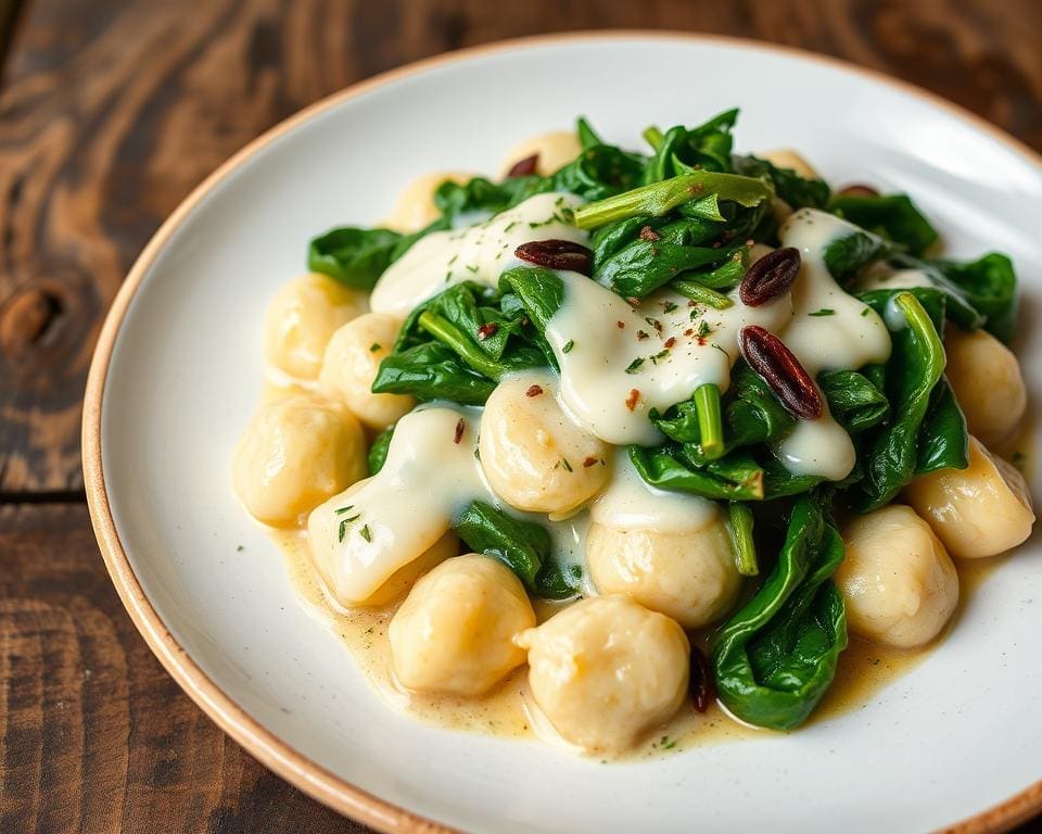 Gnocchi met spinazie en romige kaassaus recept