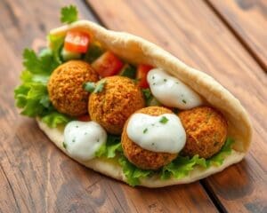 Pita gevuld met falafel en frisse tzatziki