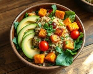 Quinoa salade met avocado en geroosterde pompoen