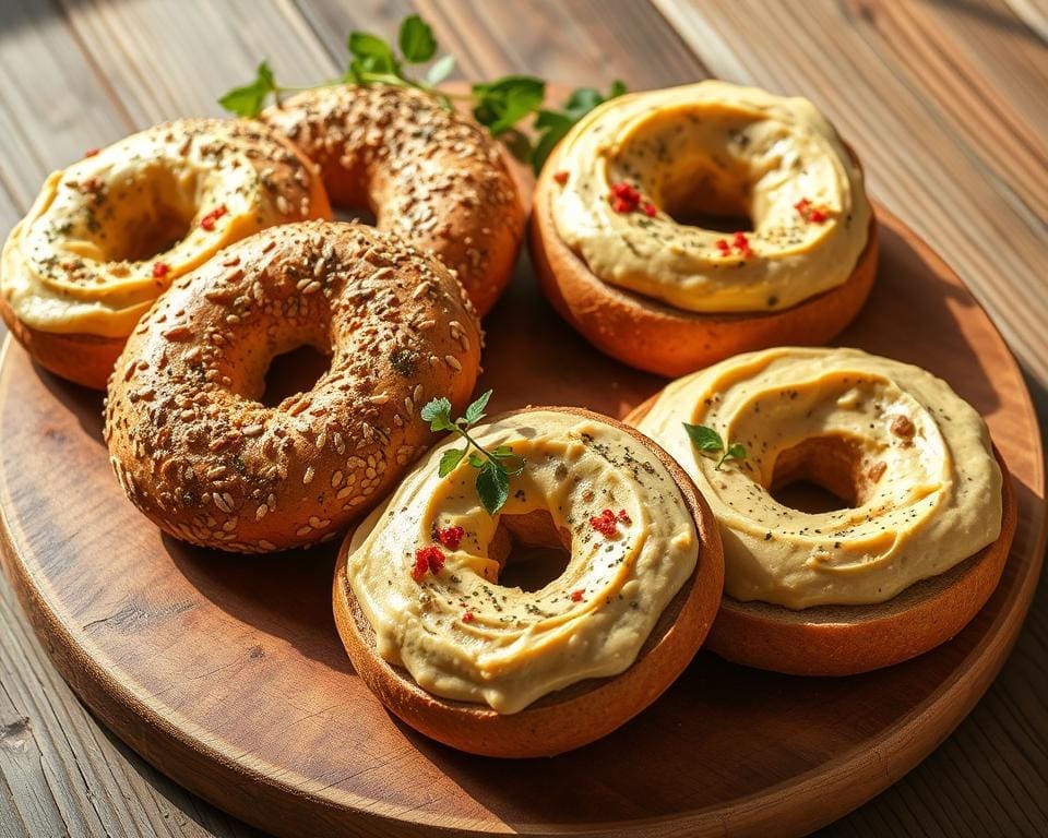 Volkoren bagels met een laagje hummus