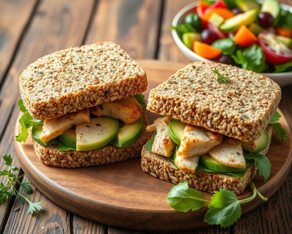 Volkoren broodjes met avocado en geroosterde kip