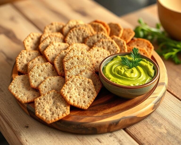 Volkoren crackers met een dip van avocado