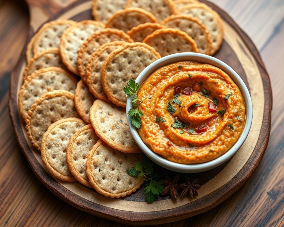 Volkoren crackers met een dip van rode linzen