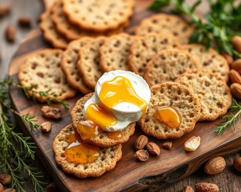 Volkoren crackers met geitenkaas en honing