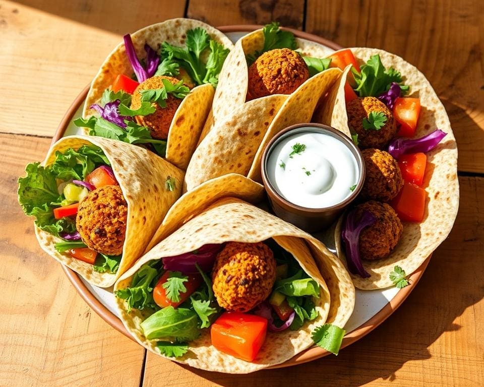 Volkoren wraps met falafel en een yoghurtdip