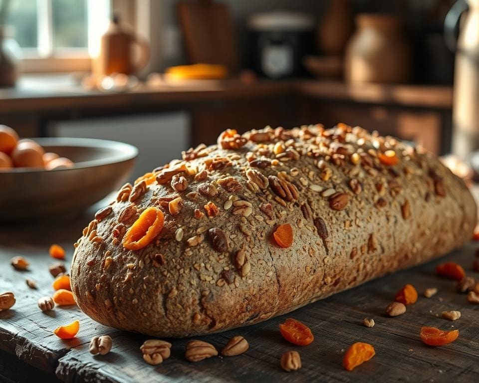 Volkorenbrood met noten en gedroogde abrikozen