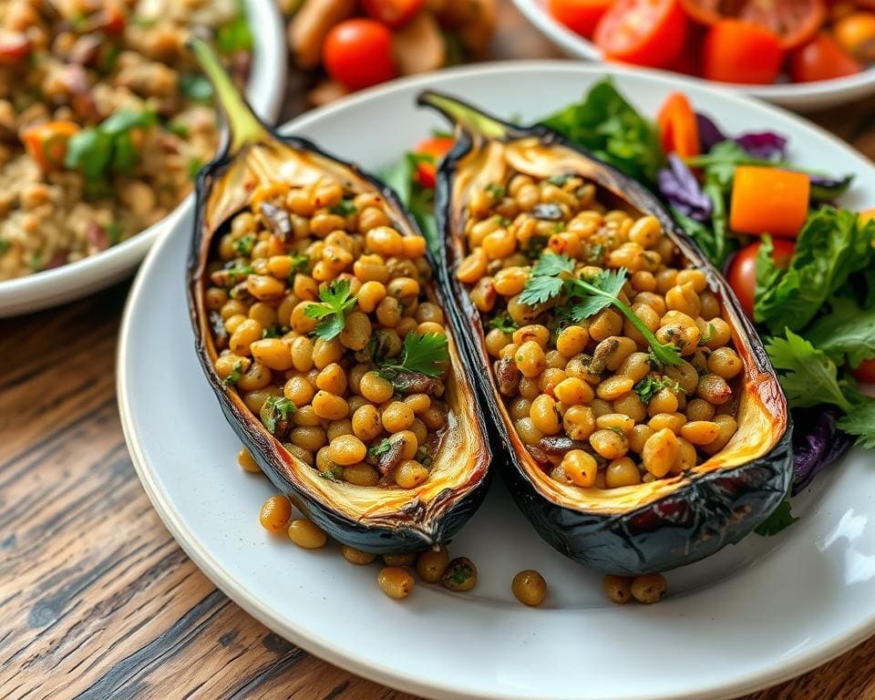 gevulde aubergine met linzen en kruiden