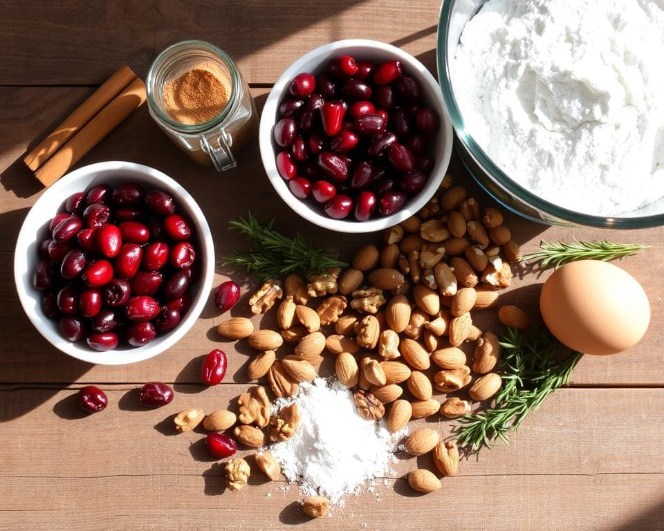 ingrediënten voor notenbrood met cranberry's en kaneel