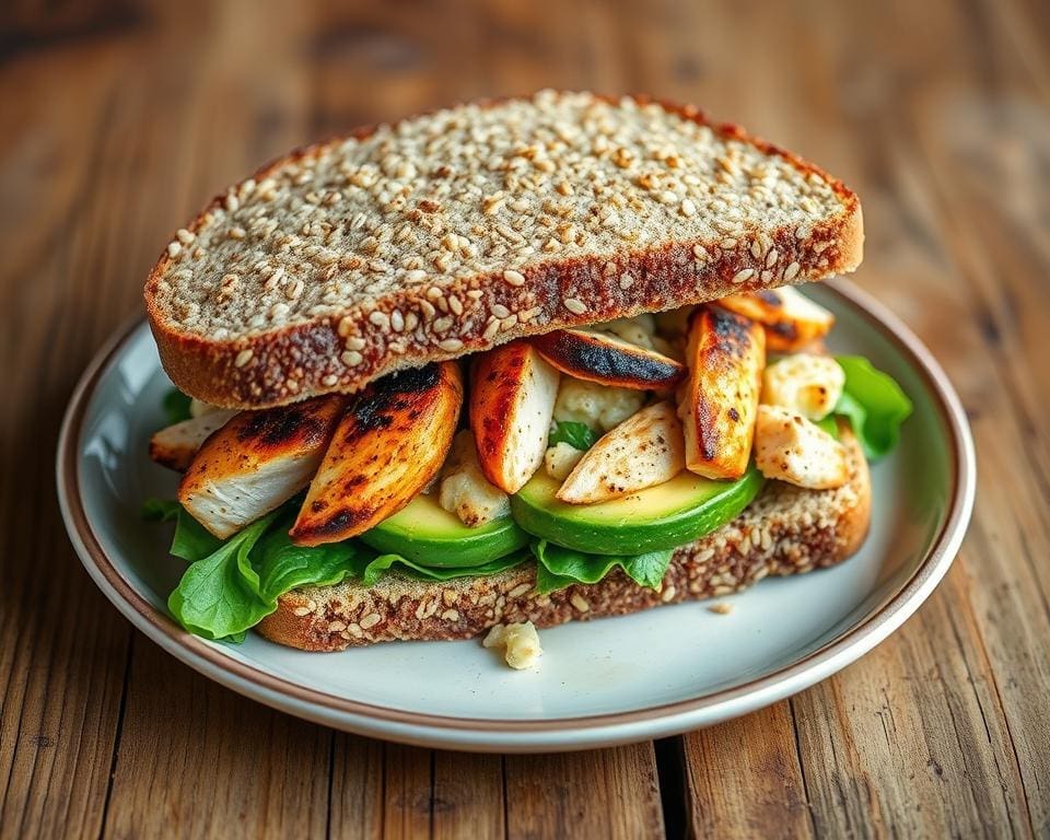 volkoren broodjes met avocado en geroosterde kip