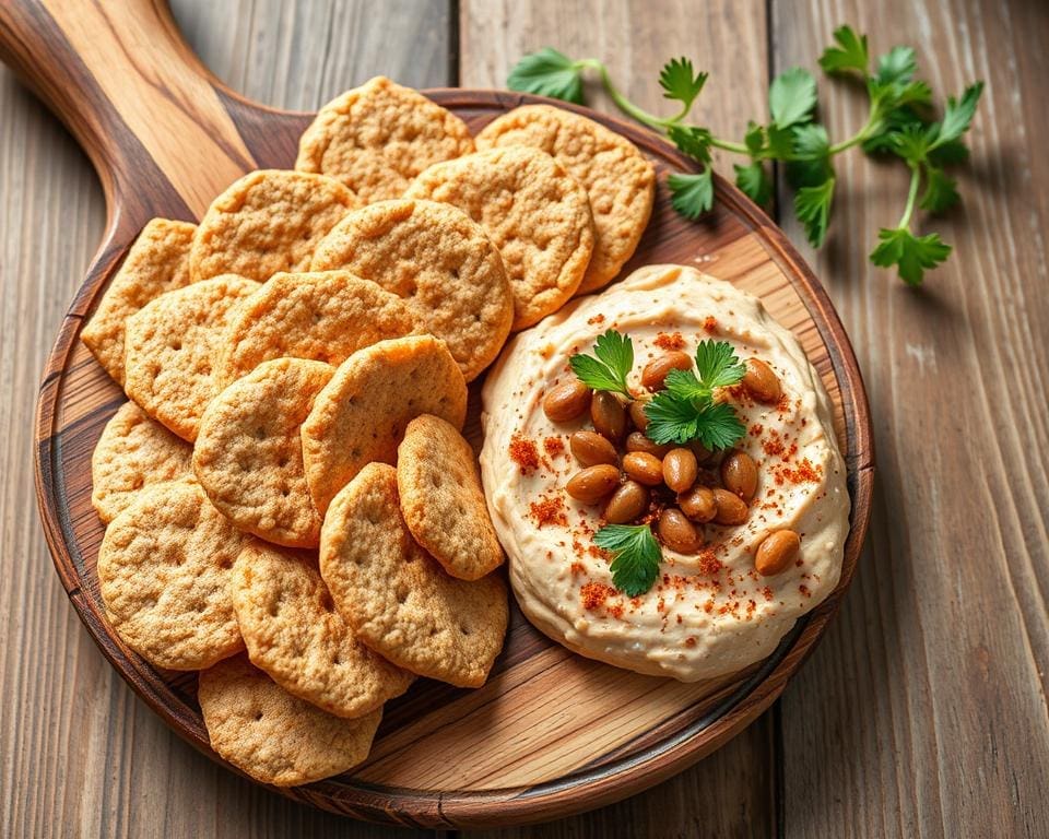 volkoren crackers met een dip van rode linzen